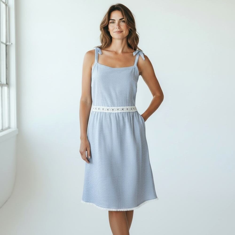 KENSIE Blue Micro Stripe Seersucker Sundress 14 Summer Brunch WeddingGuest